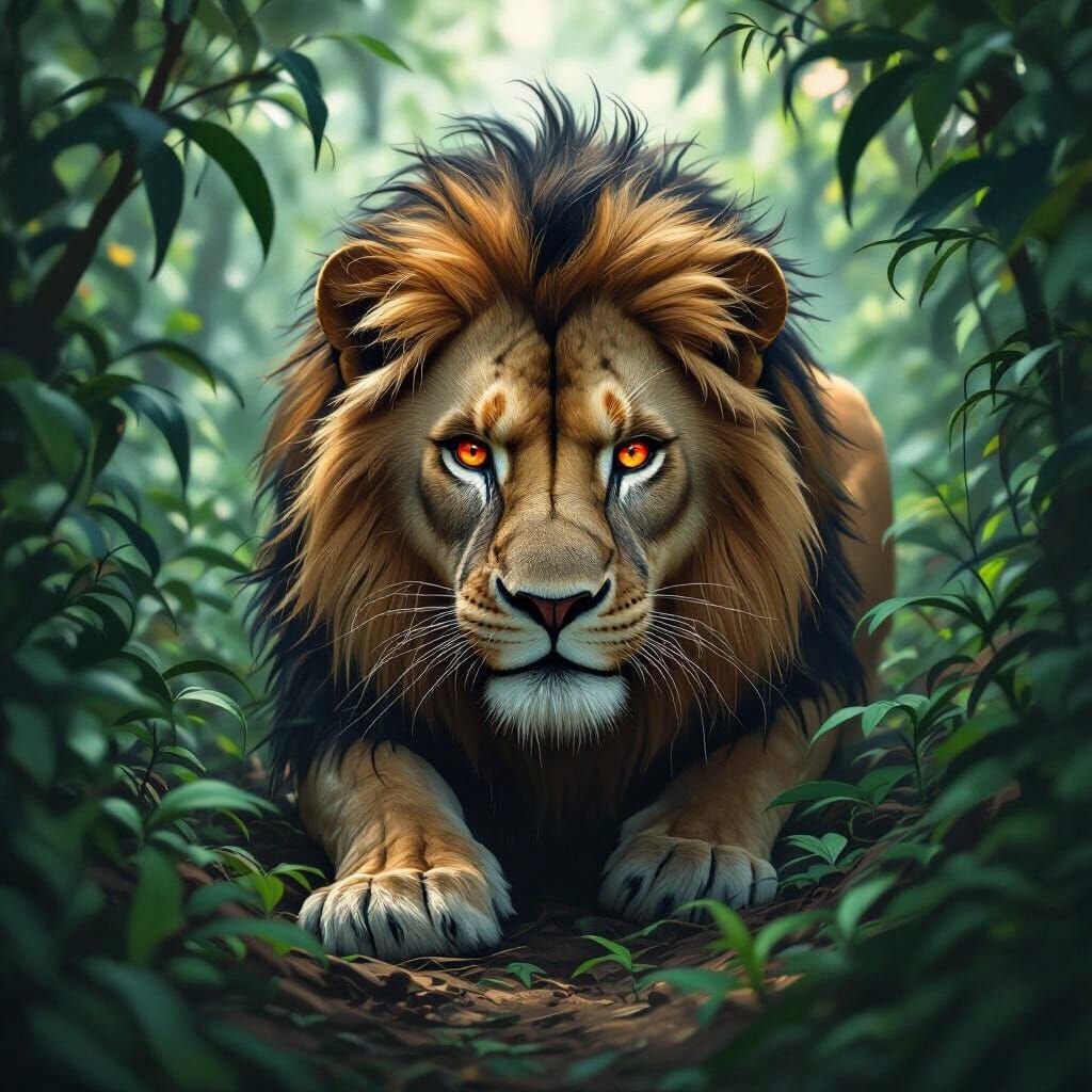 Jungle Lion Hunting with Piercing Red Eyes