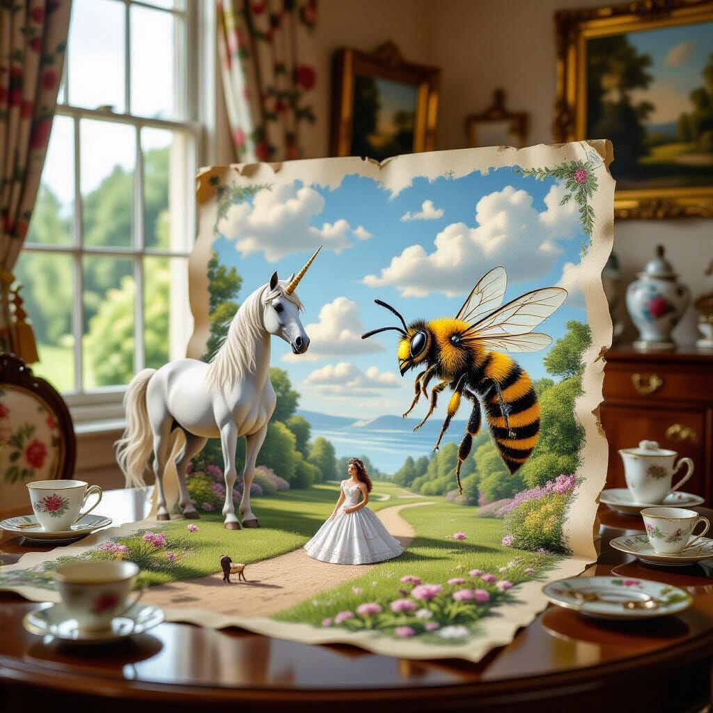 Unicorn and Wasp Tea Party Scene, Pencil Art Comes to Life