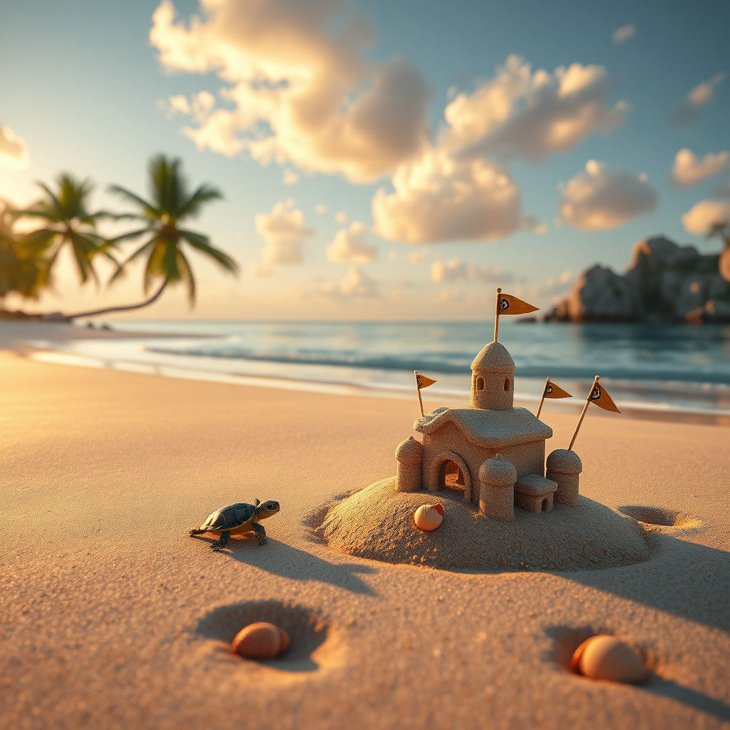 Baby Turtle and Sandcastle at Dawn, Digital Art