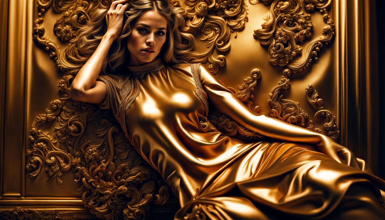 Golden Liquid Woman in Detailed Dress