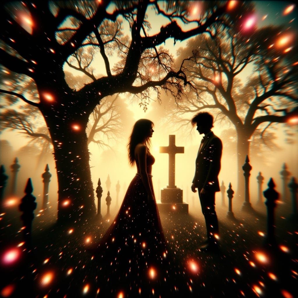 Romantic Double Exposure Over Cemetery Silhouette