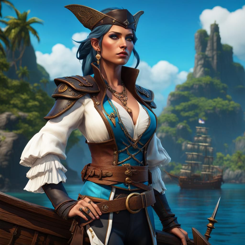 water genasi pirate queen, blue face, pirate island background, white blouse, leather jacket, pointy ears, scales, full ...