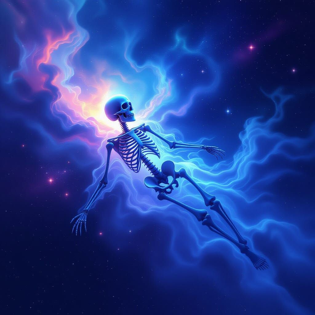 Ghostly Skeleton Drifts Through Starry Galaxy in Surreal Sty...