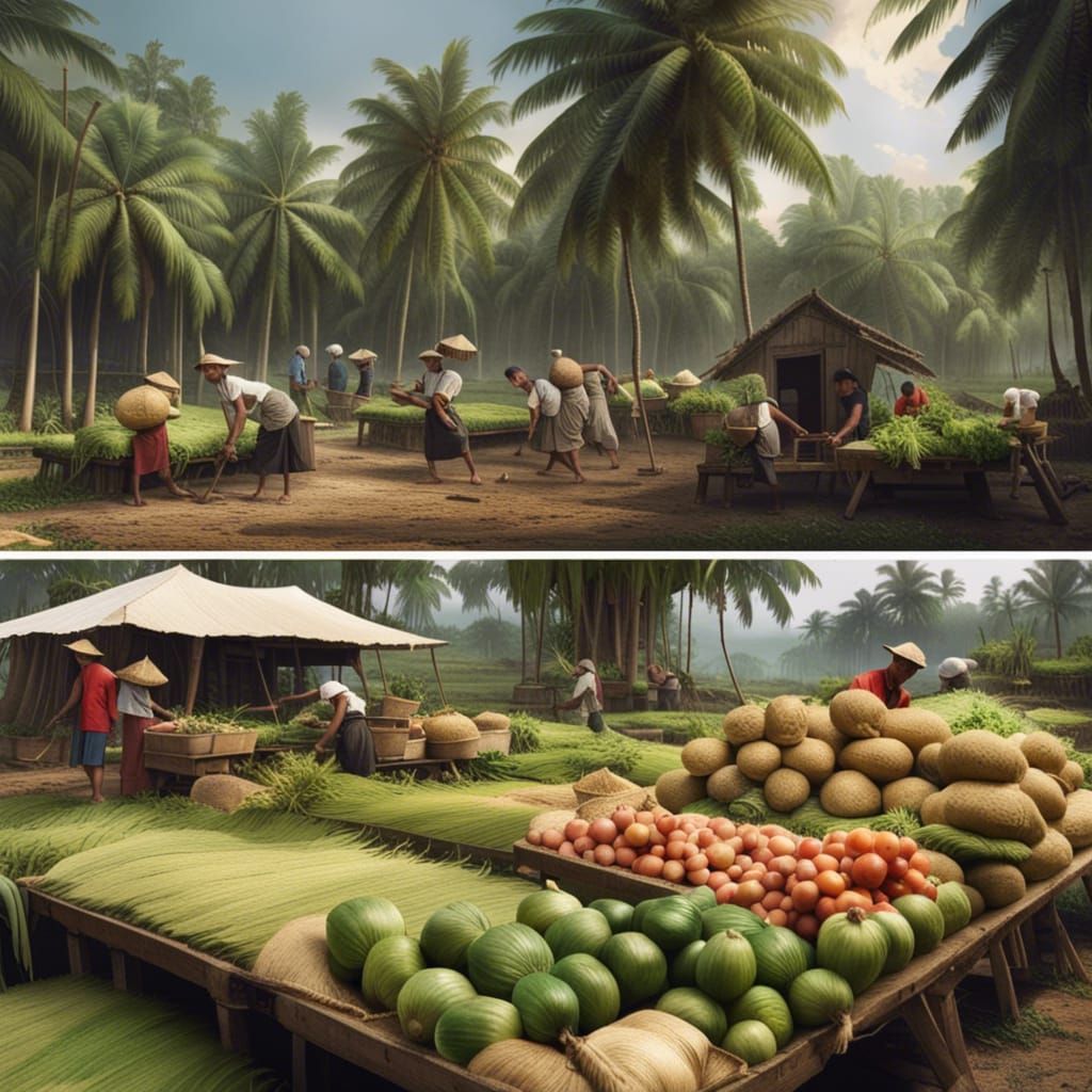Bustling Farmers Market with Rice Paddy View