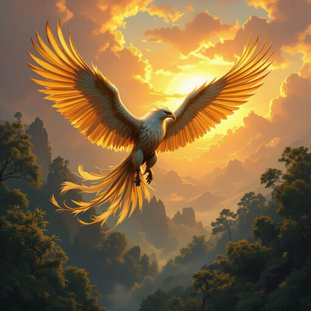 Griffin Soaring Over Ancient Forest in Fantasy Art Style