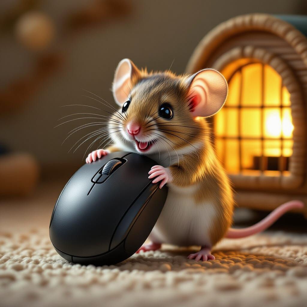 Cute Mouse Carries Giant Computer Mouse, Whimsical Cartoon S...