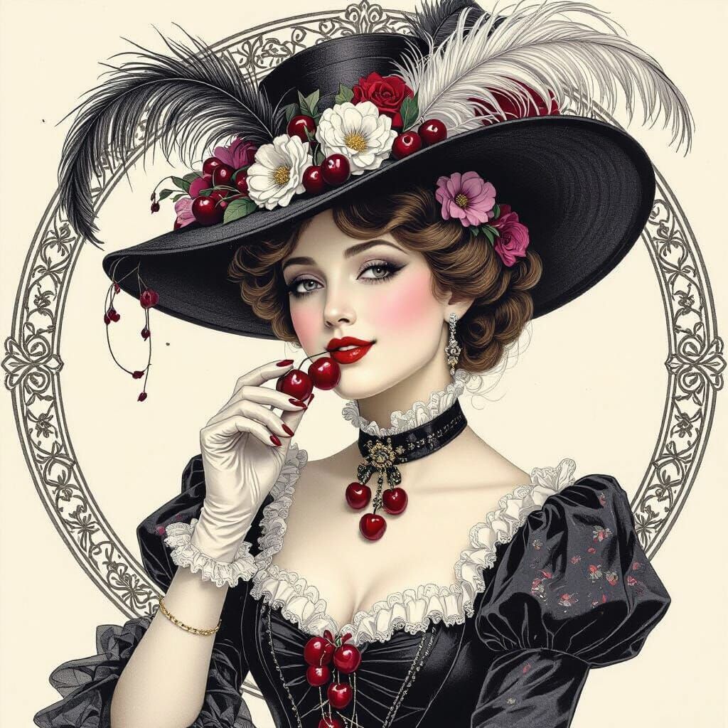 Victorian Lady with Cherries in Charcoal Drawing Style