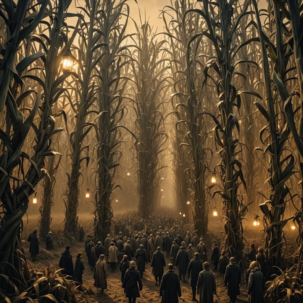 Eerie Maize Maze at Dusk in Doré Style