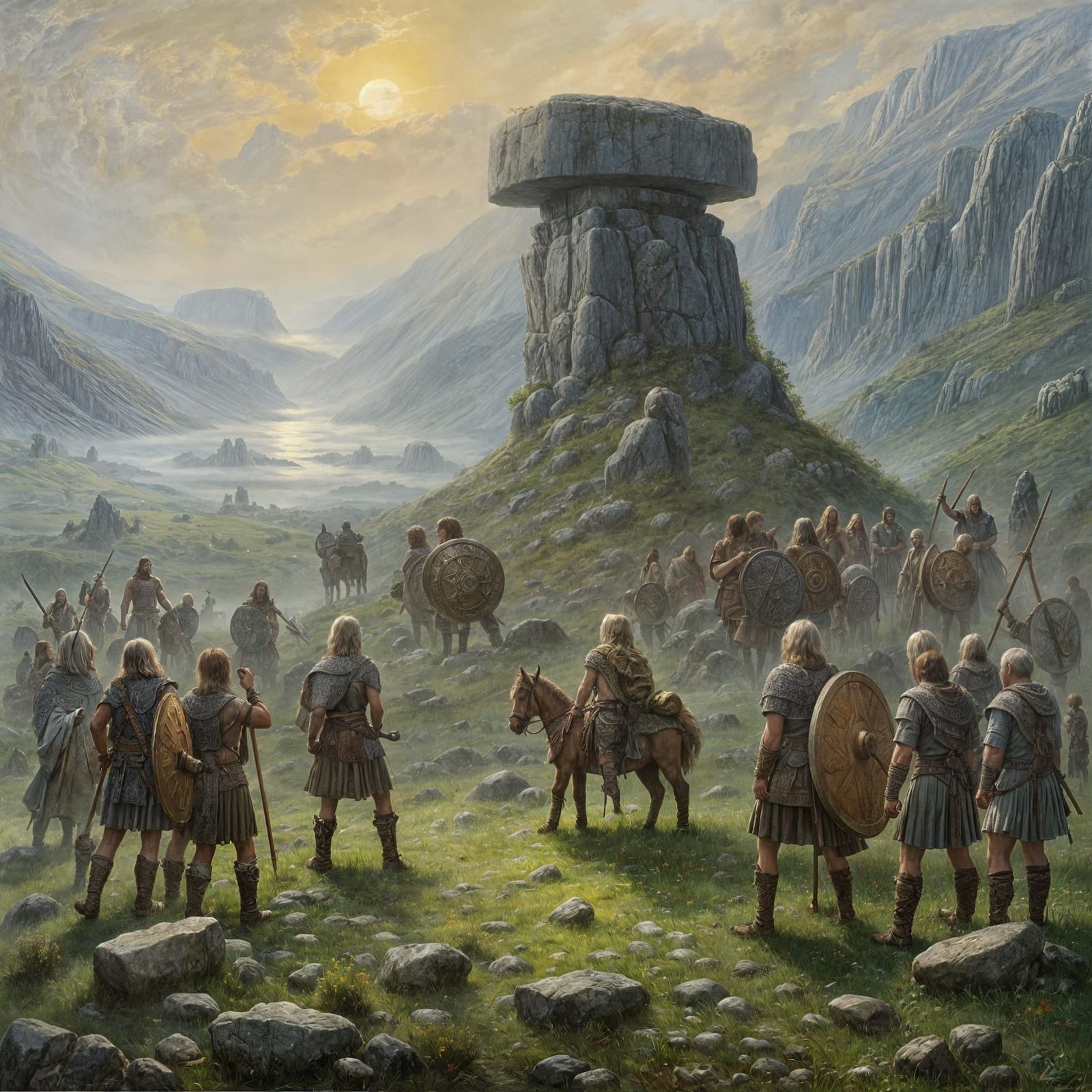Celtic warriors meet in a misty  landscape with dolmens in  ...