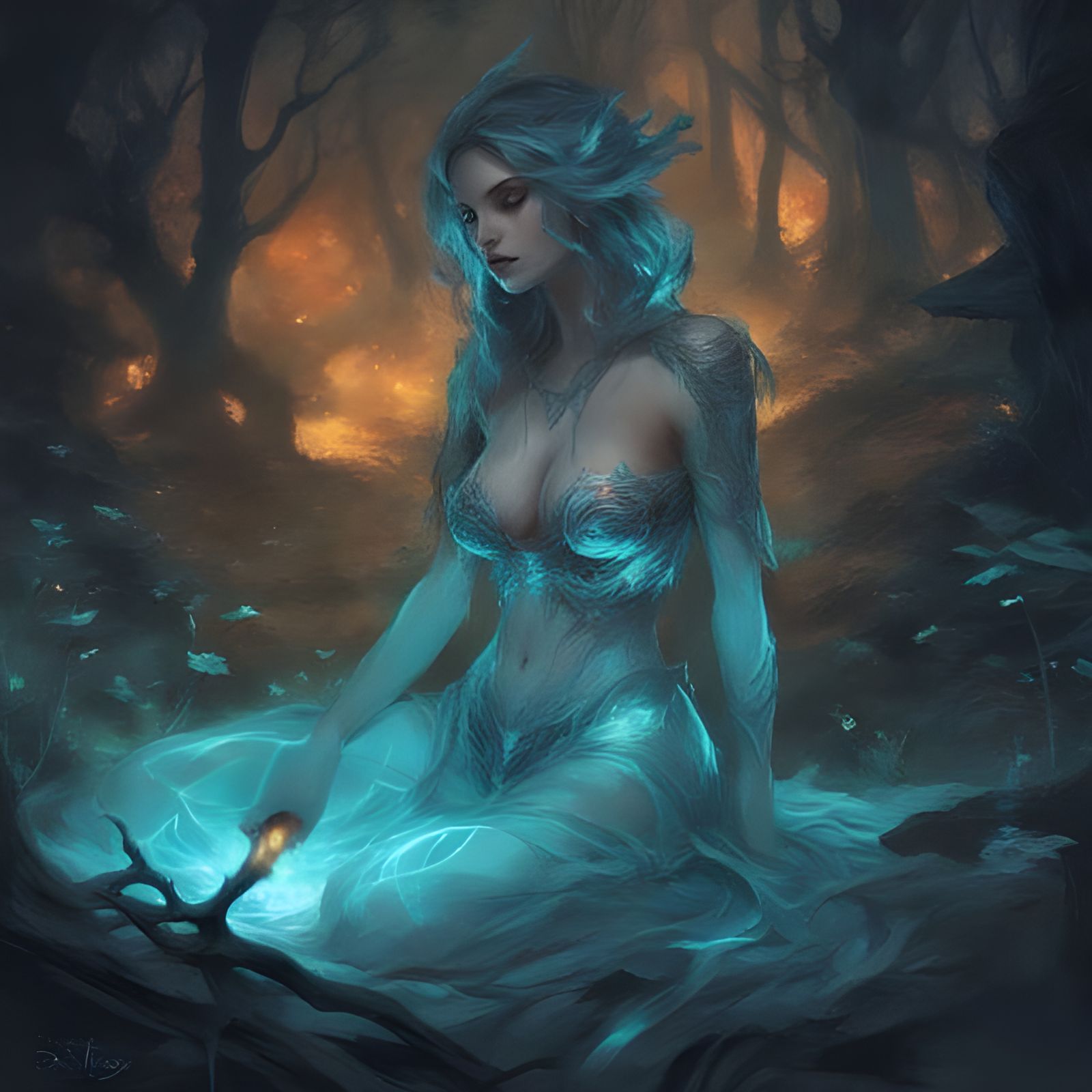 Glowing Enchantress in Dark Magic Forest