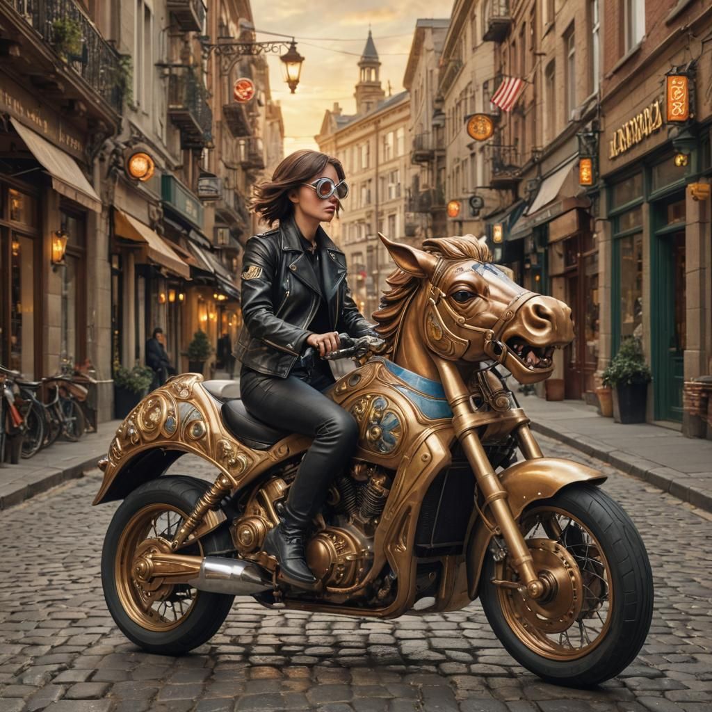Woman Rides Horse Motorcycle: Art Nouveau Digital Art