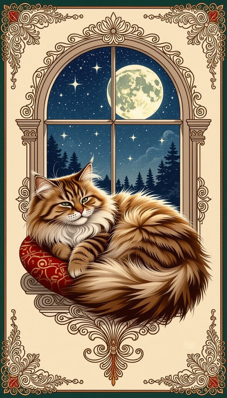 Fluffy Cat Rests Under Starry Night Sky
