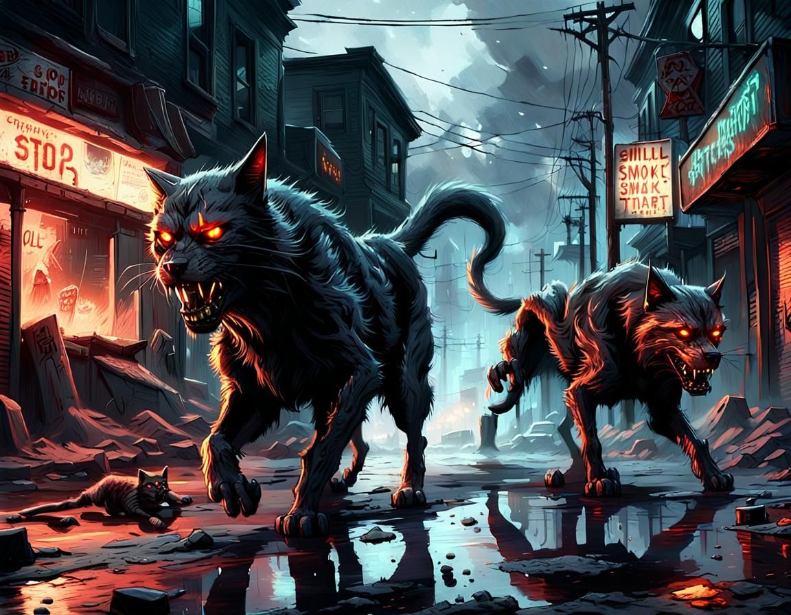 Demonic Cat and Hellhound in Post-Apocalyptic Battle