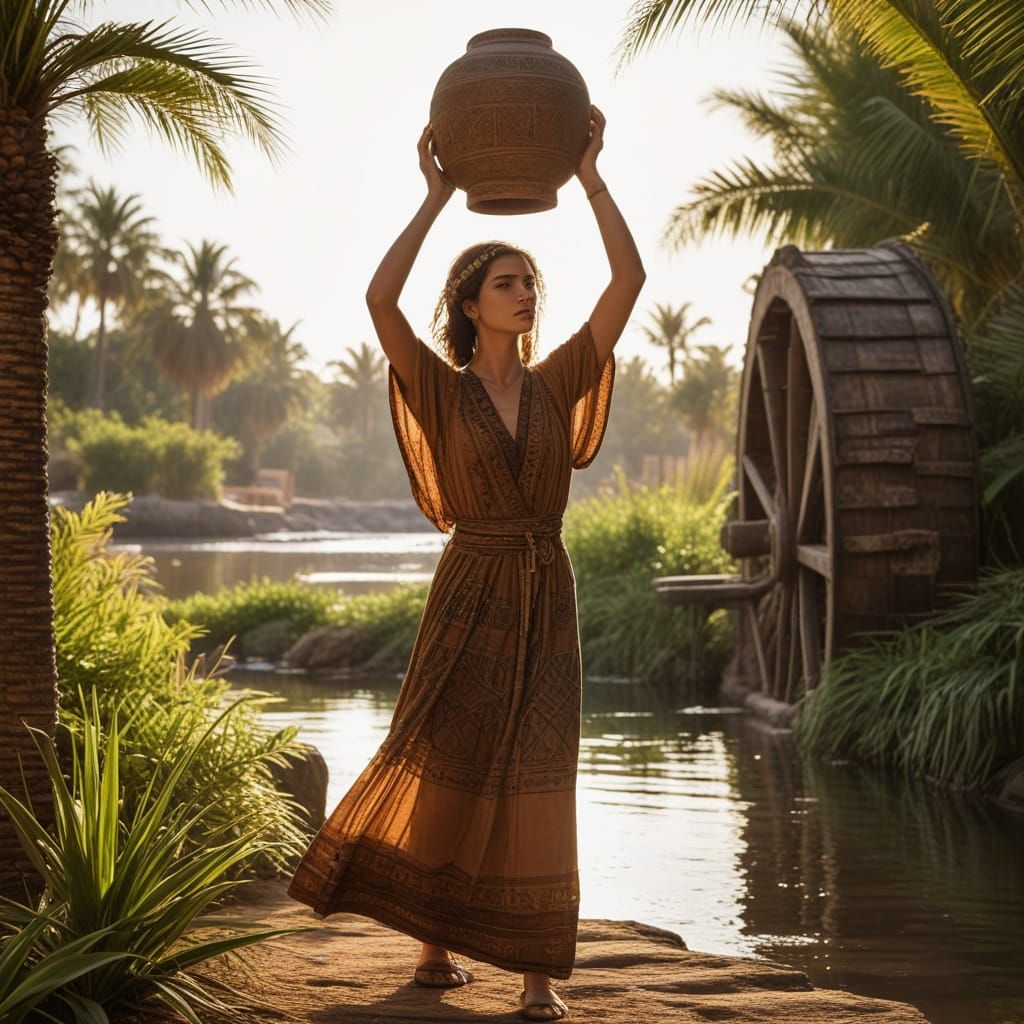 Ancient Babylonian Woman Amidst Lush Mesopotamian Landscape