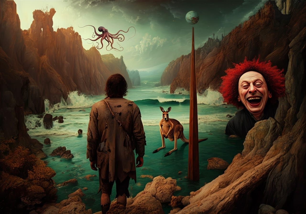 Surreal Border Scene with Laughing Madcap