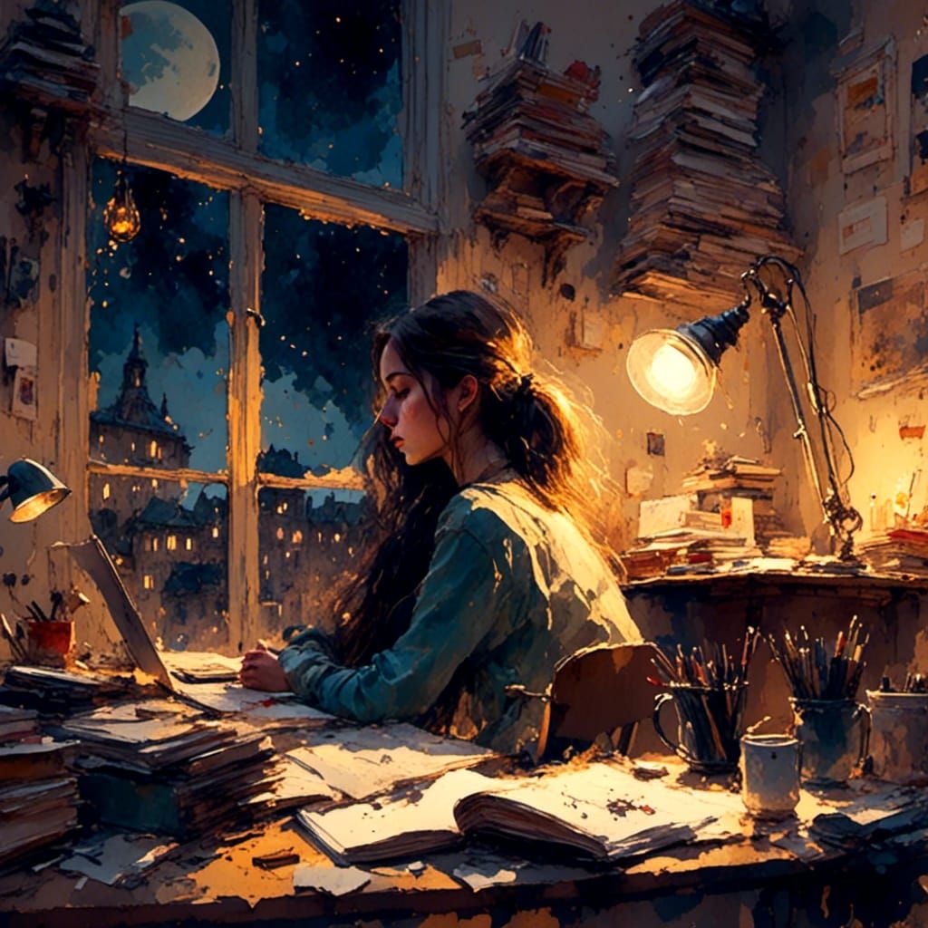 Student Asleep at Desk in Dark Dorm Room