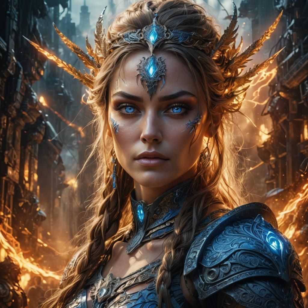 Warrior Goddess Radiating Energy in Hyperrealistic Style