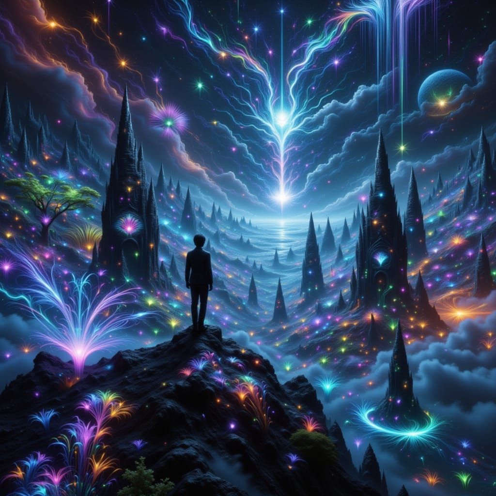 Utopian World with Contemplative Wanderer in Biopunk Style