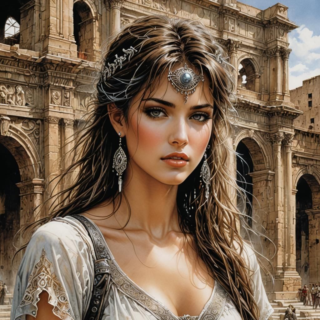 Smiling Woman Before Colosseum, Illustration in Realist Styl...
