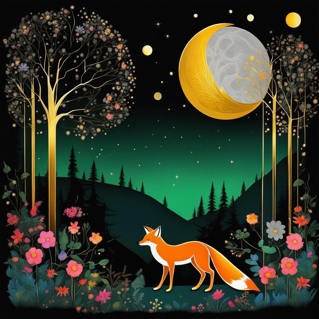 Fox in Forest Under Fairy Lights: Palekh Style