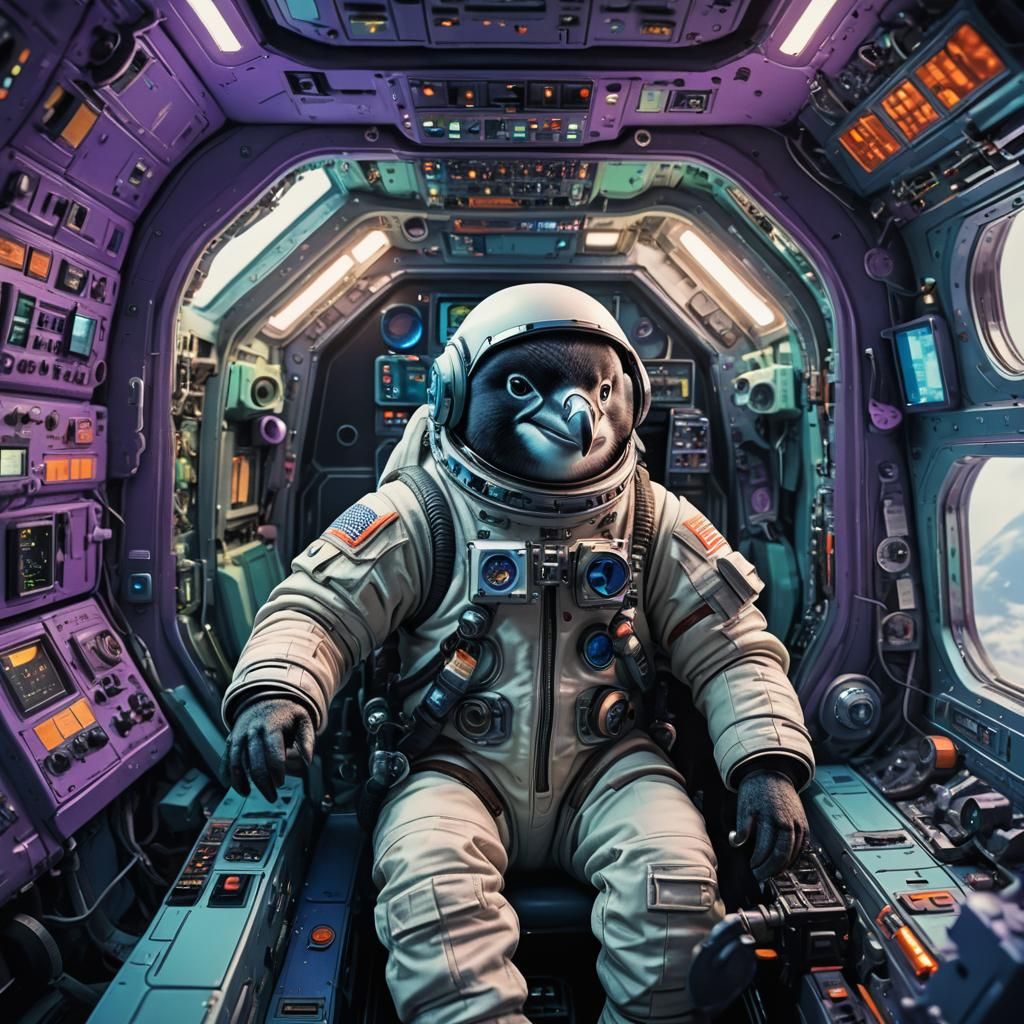 Penguin Astronaut in Space Shuttle Cockpit
