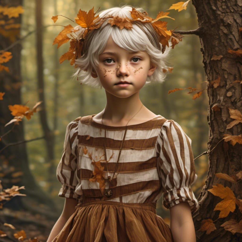 Hyperrealistic Photo of Wrinkled Old Pre-Teen in Woods