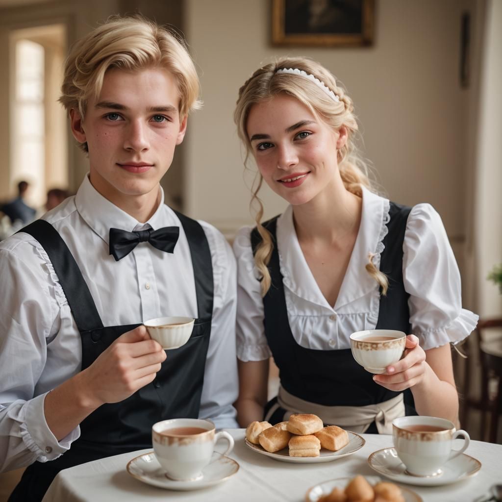 Young Man in French Maid Dress Serves Tea
