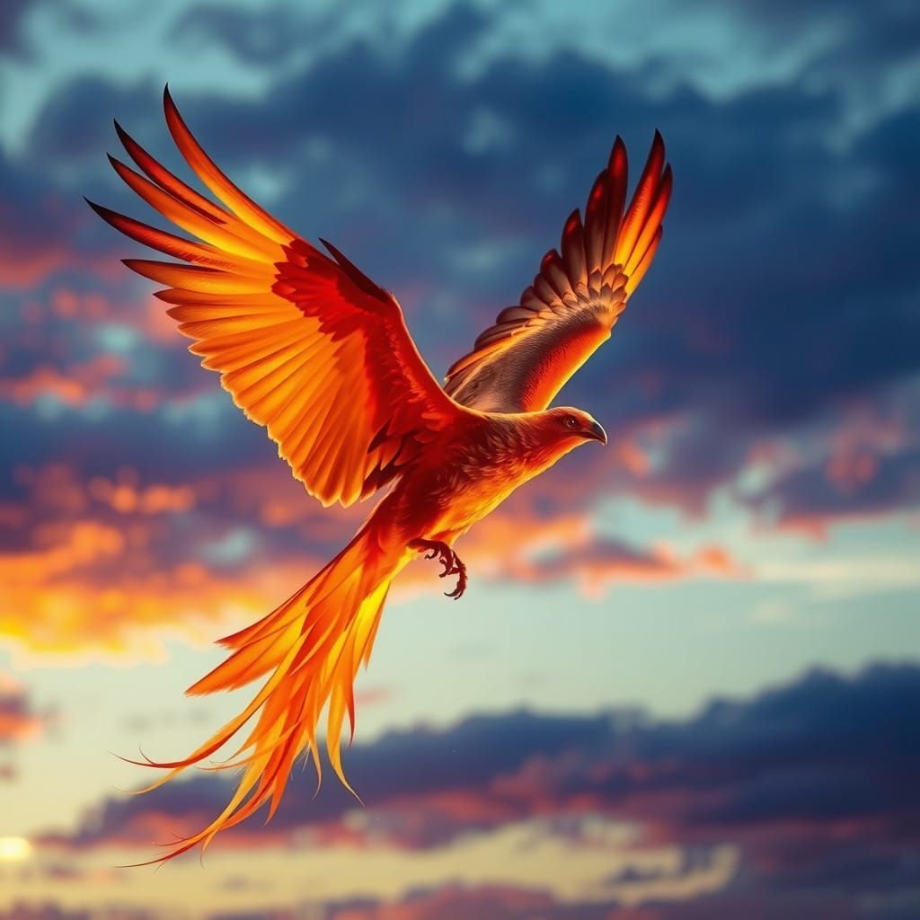 Majestic Phoenix Soars Against Vibrant Twilight Sky in Hyper...