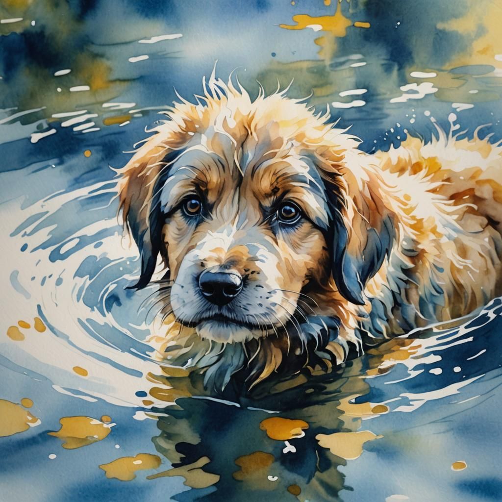 Fluffy Puppy in Water: Watercolour Abstract Portrait