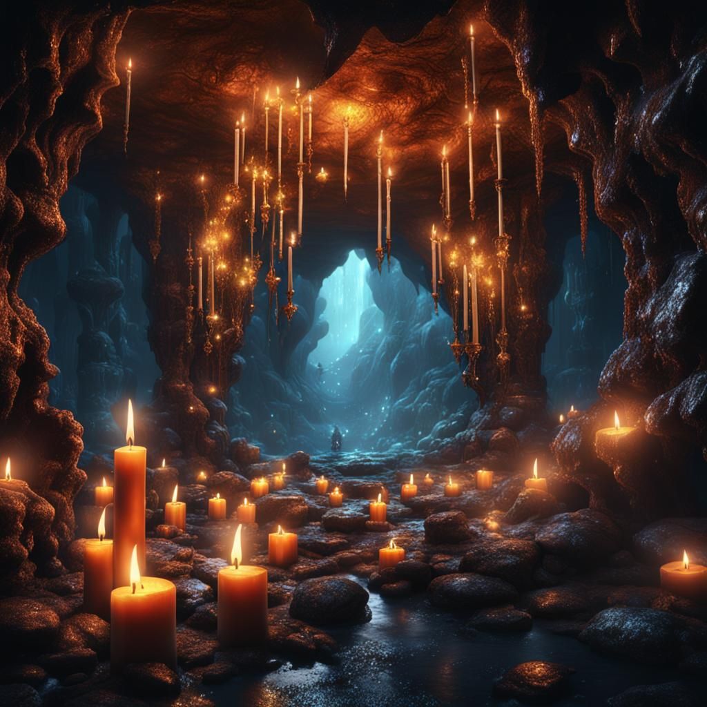 Mysterious Cave with Flying Candles: Fantasy Concept Art