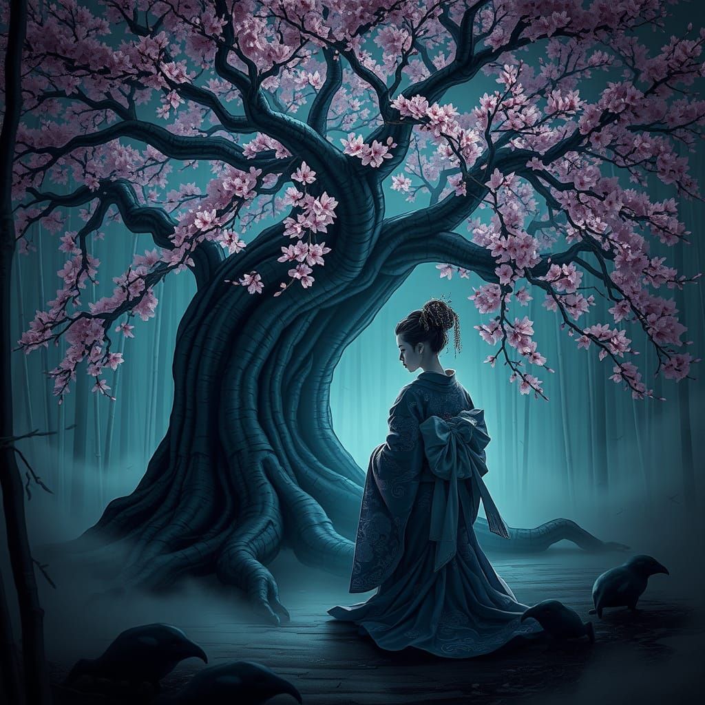 Ethereal Geisha in Haunted Bamboo Forest: Dark Fantasy
