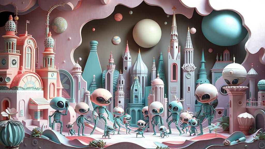 Whimsical Papier-Mâché Cityscape in Pastel Hues and Dramatic...