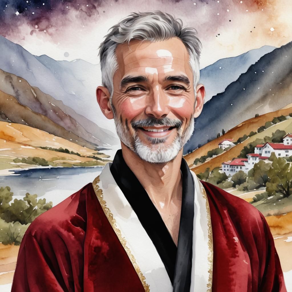 Joyous Man in Red Velvet Robe, Alcohol Ink Art