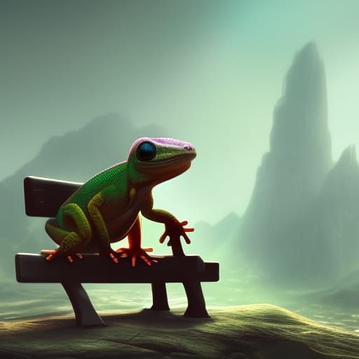 Cute Gecko on a Bench in Detailed Matte Painting