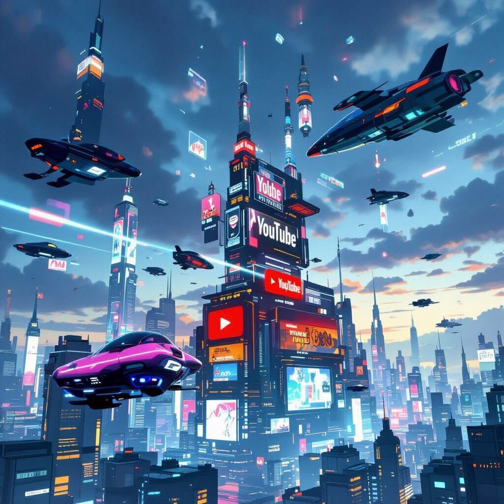 Futuristic Metropolis with Neon Lights and Flying Vehicles