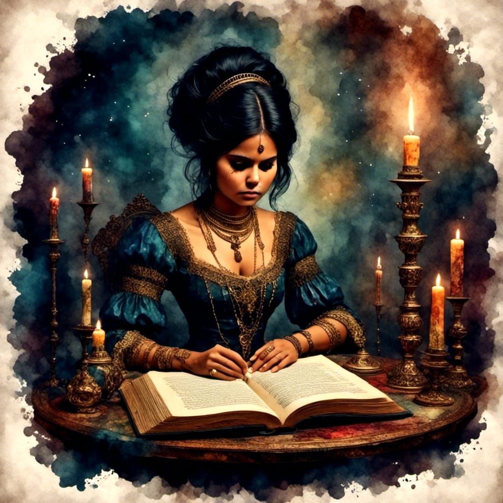 Pixie Reading in Medieval Study, Antique Watercolor Style