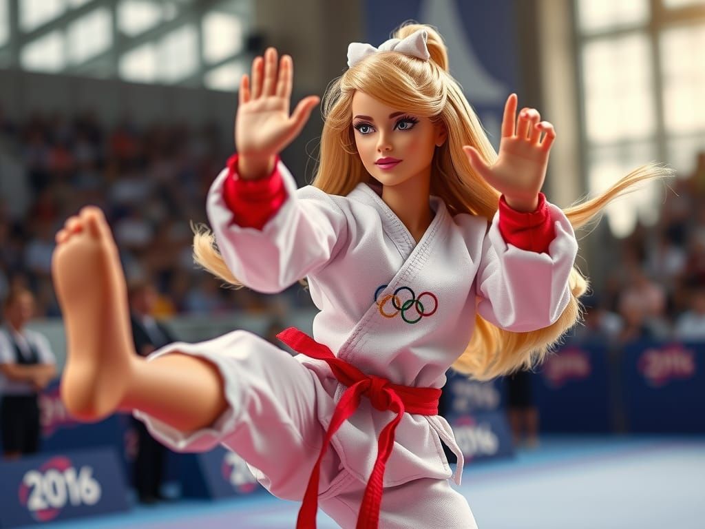 Barbie Competes in Taekwondo Olympics: Hyperrealistic Photog...