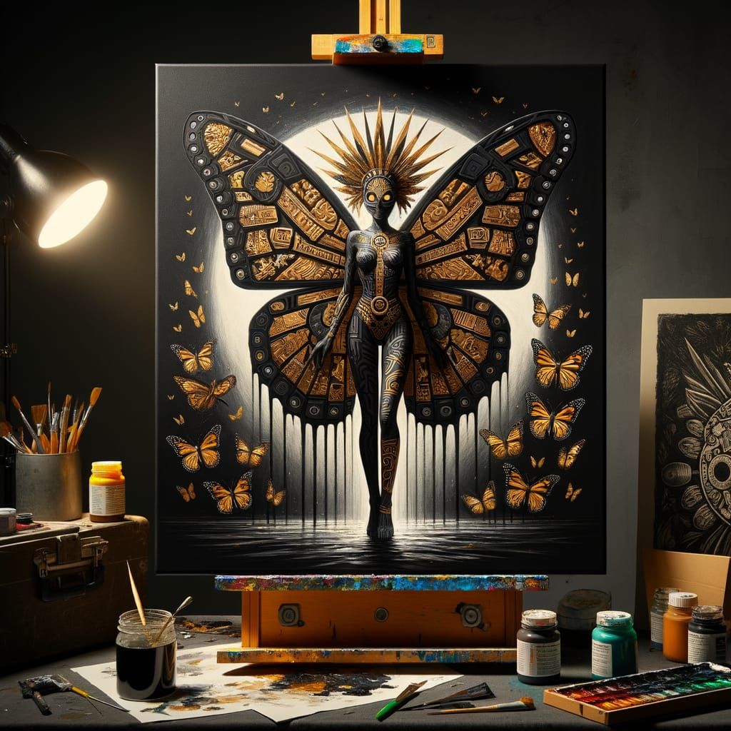 Obsidian Butterfly Goddess in Cubist Aztec Style