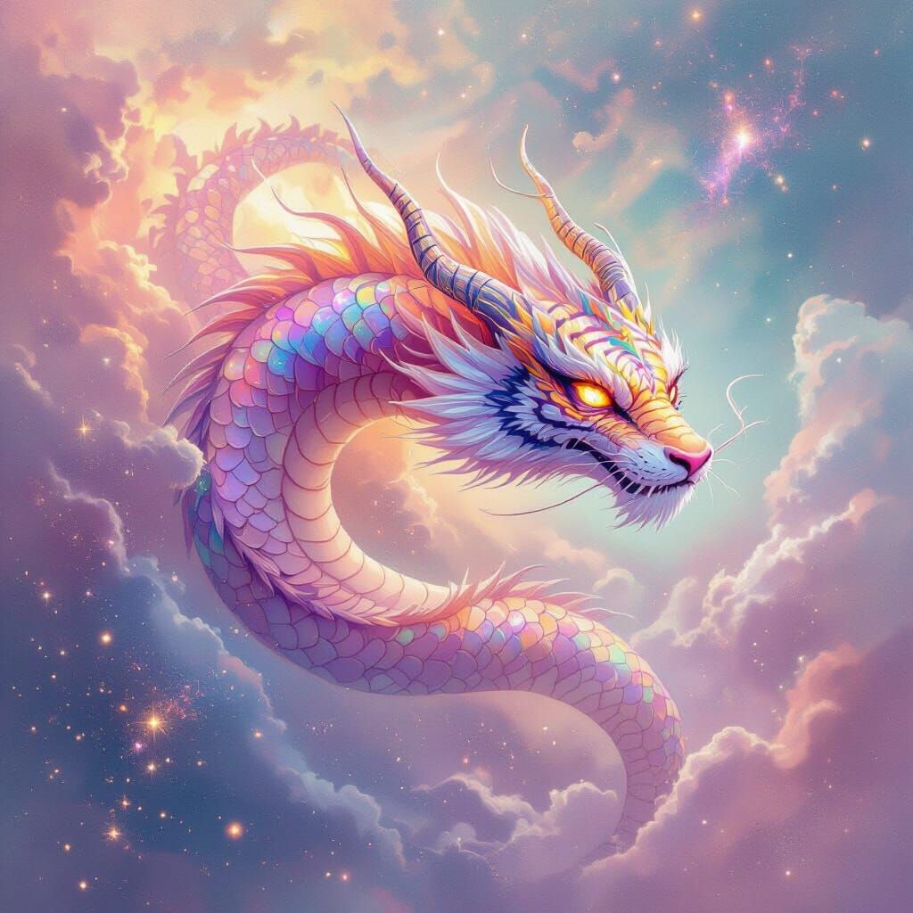 Dragon-Tiger Hybrid Soaring Through Nebula, Watercolor Style