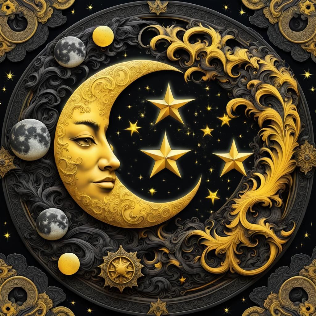 Yin and Yang with Moon and Stars in Surreal Style