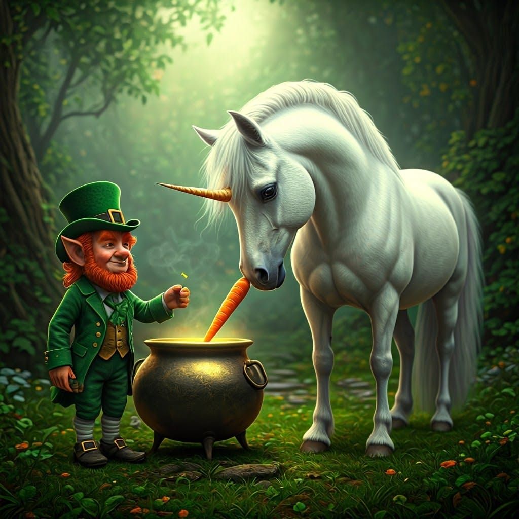 Leprechaun and Unicorn in Emerald Irish Landscape