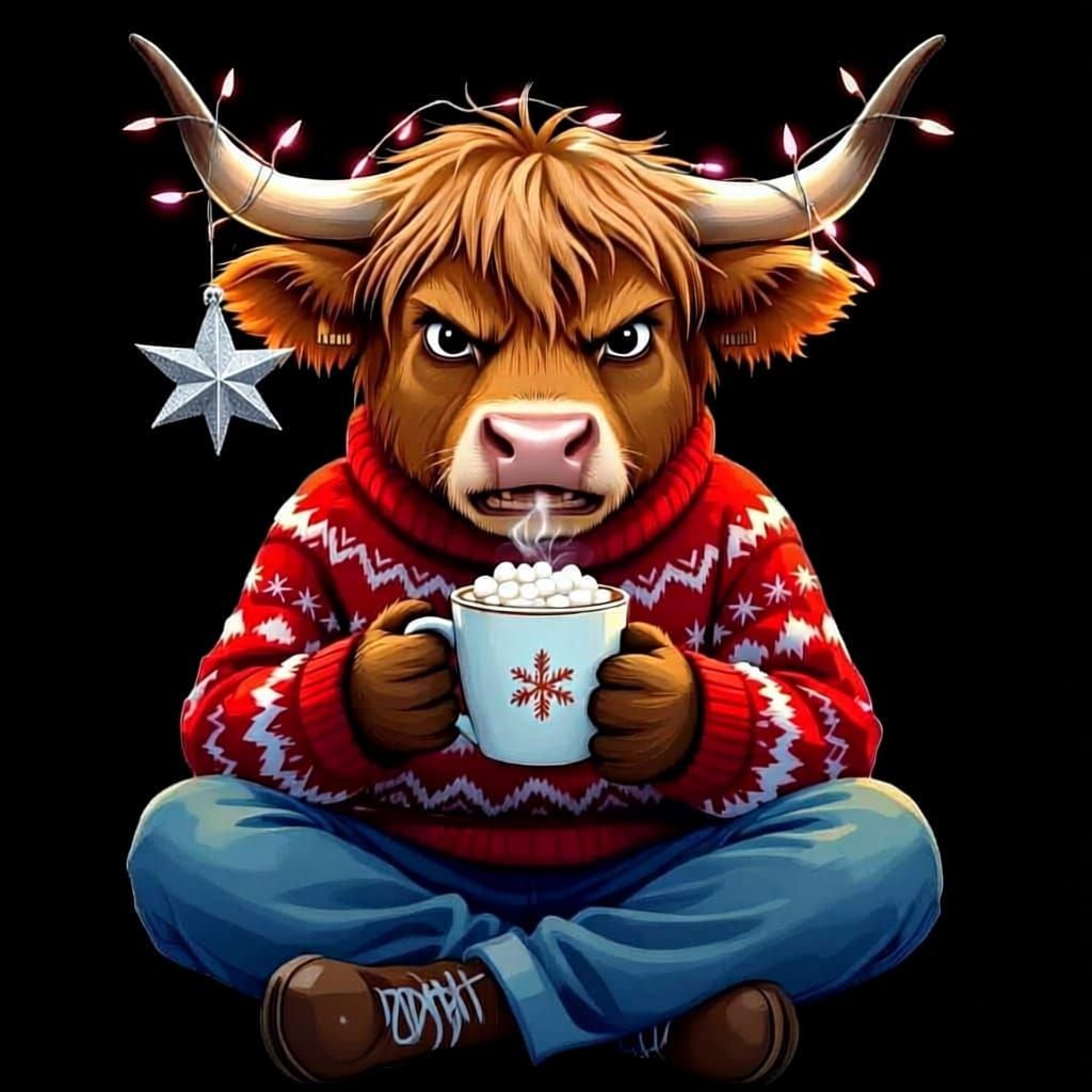 Grumpy Highland Cow in Ugly Sweater with Hot Cocoa