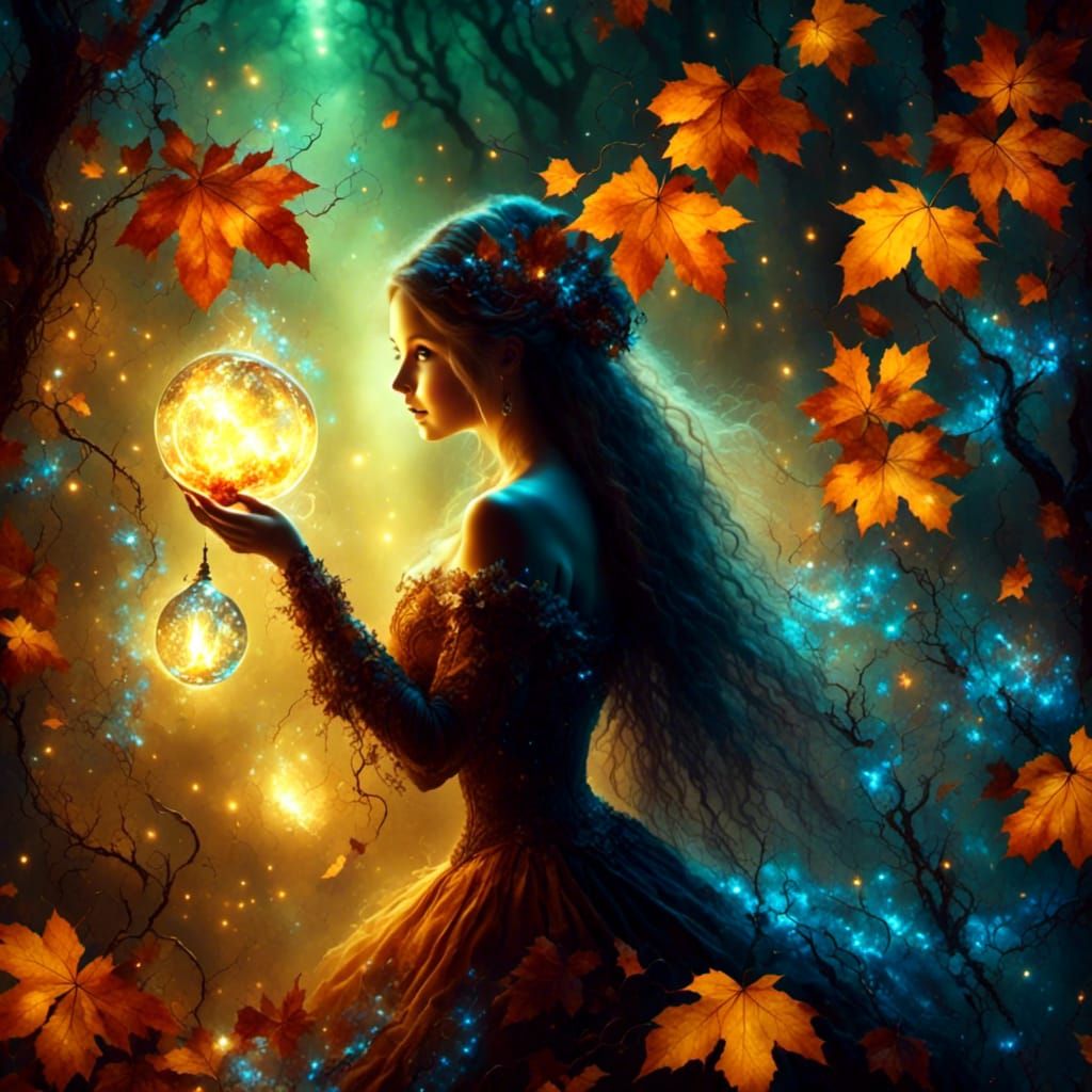 Autumn Fairy with Bioluminescent Wings in Enchanted Forest