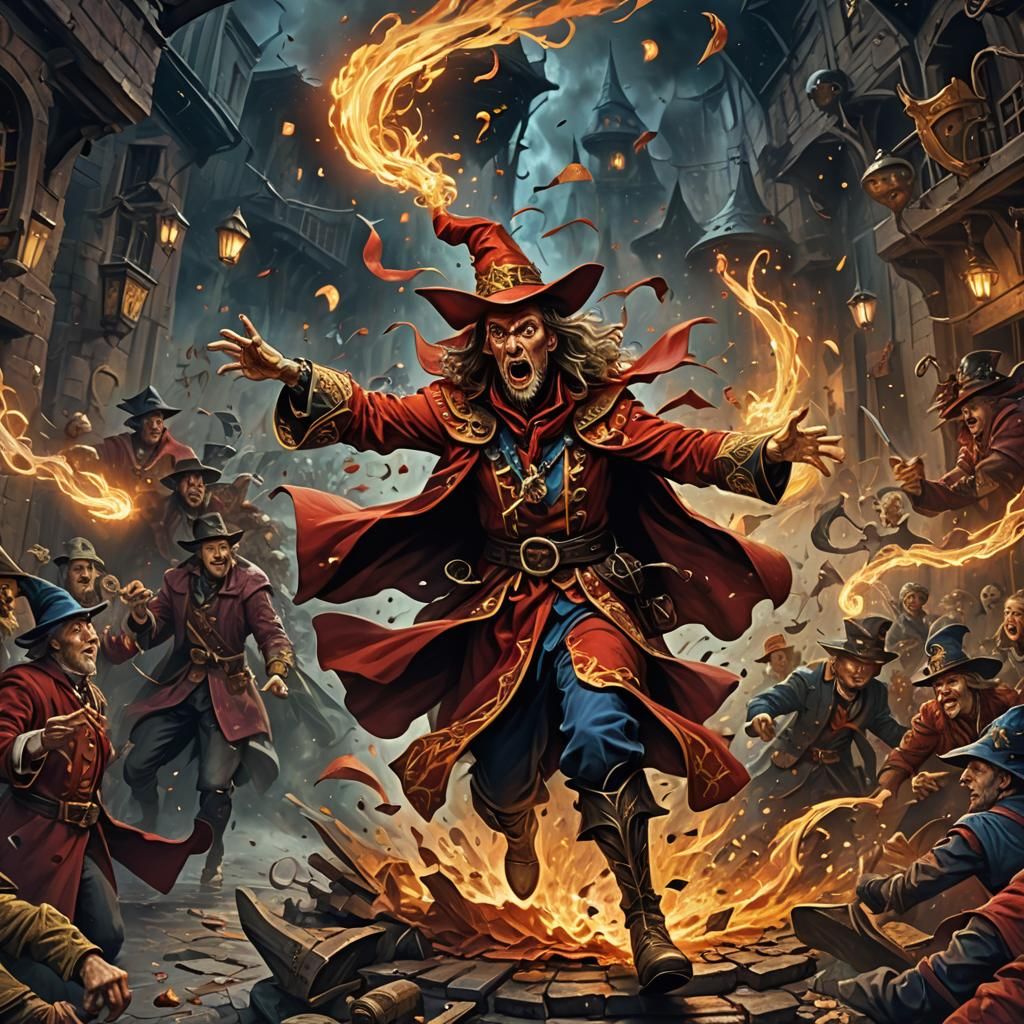 Wizard Running From Magical Mishap in Dark Fantasy Style
