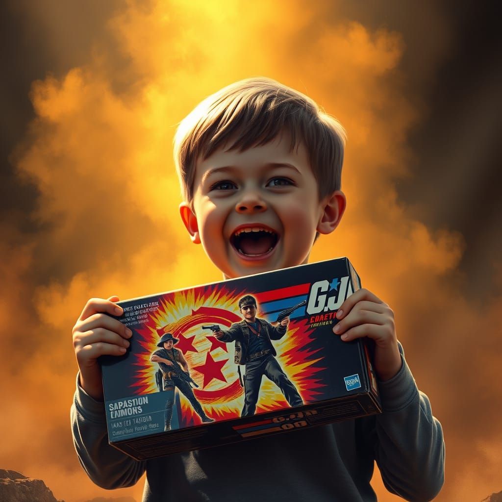 Retro Action Figure Box Scene in High-Contrast Cinematic Sty...