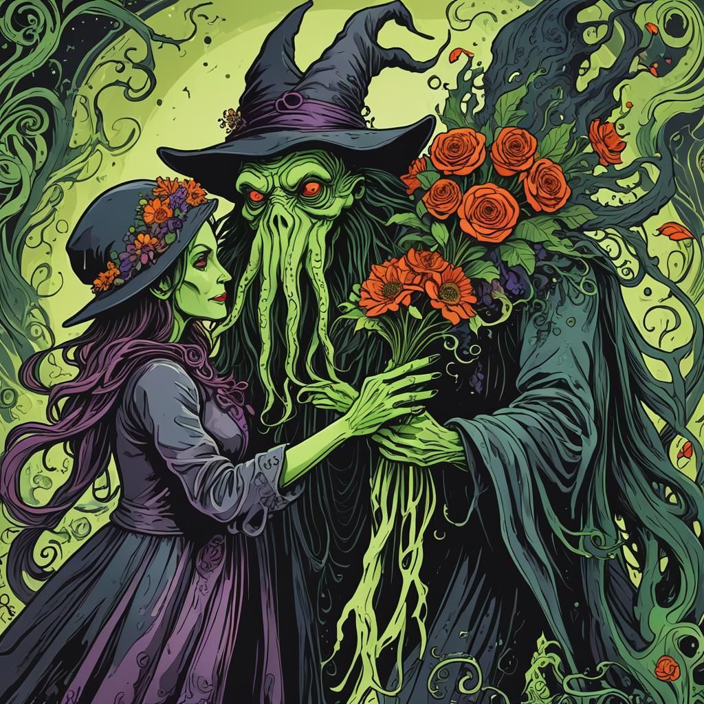 Cthulhu Offers Flowers to a Smiling Witch