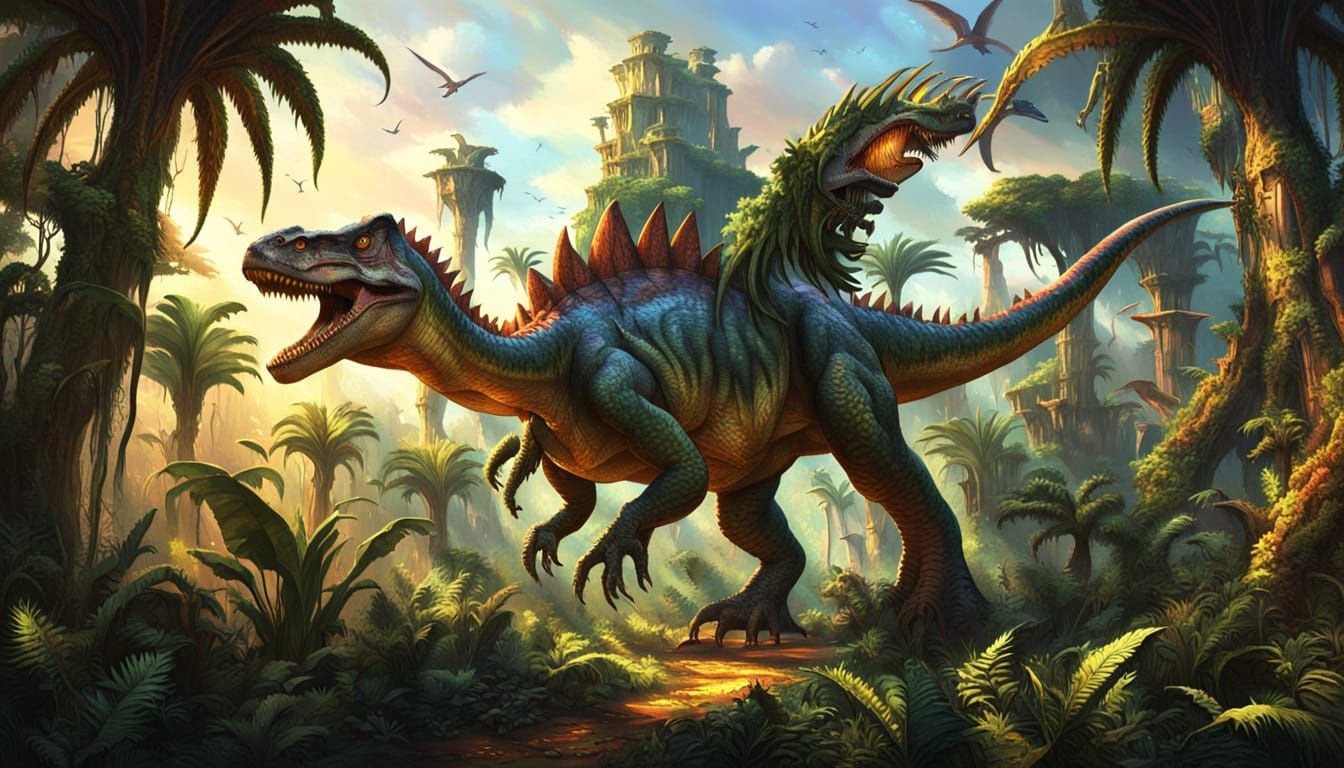 Epic Dinosaur in Lush Jungle: Vibrant Digital Art