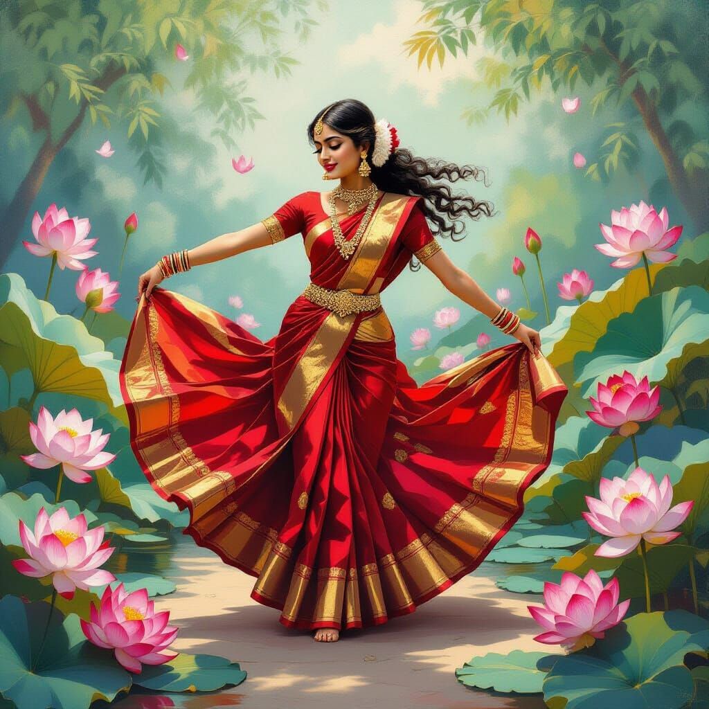 Indian Girl Dancing in Lotus Flowers: Classical Art