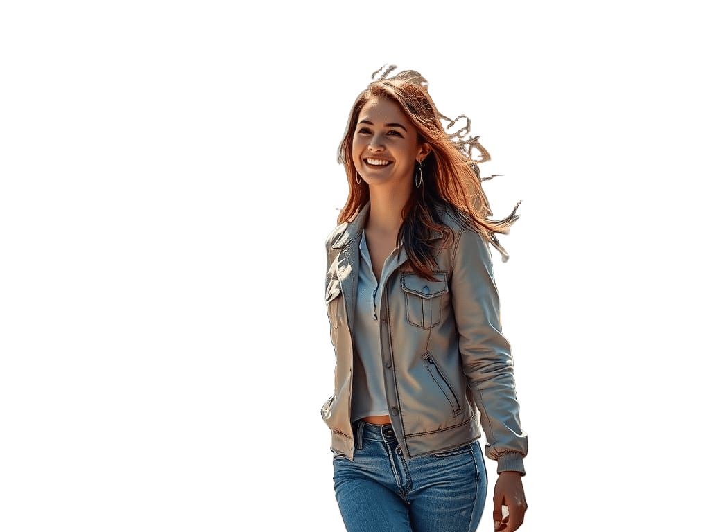 Beautiful Woman Strolls Through Spring Cityscape in Hyperrea...