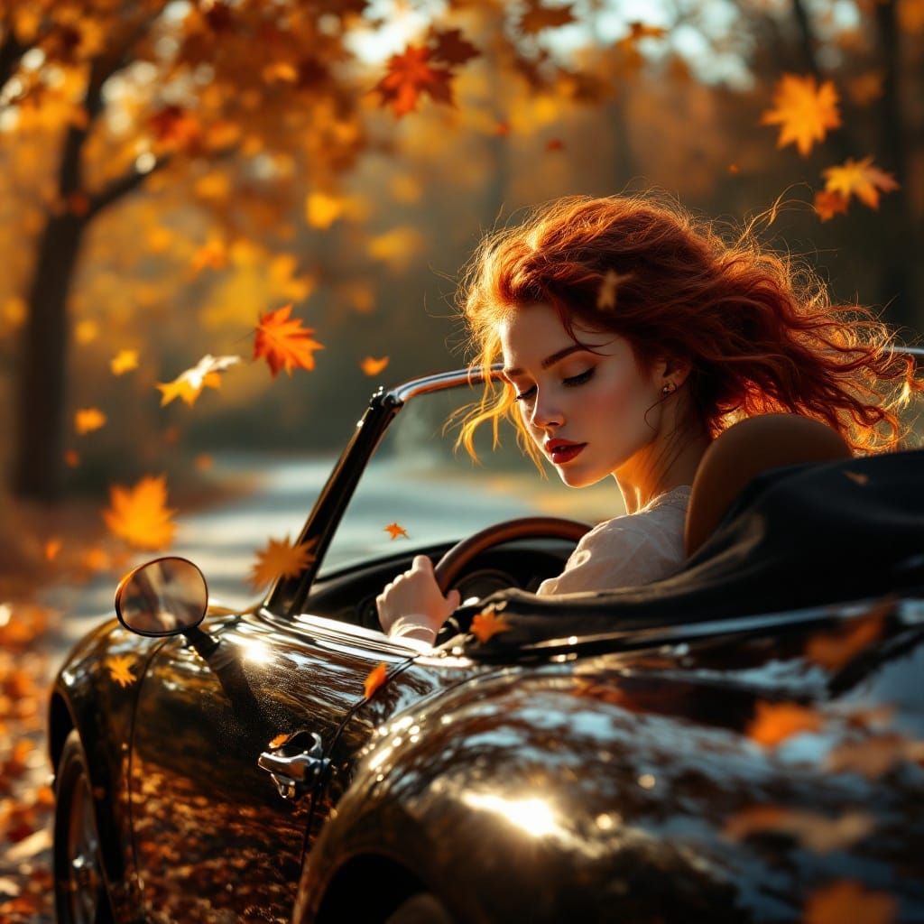 Redhead in Porsche Convertible Surrounded by Autumn Leaves